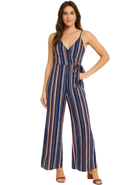 DEREK HEART Jumpsuit Sleeveless Crossover V-Neck Stripe Blue Rust White Women L